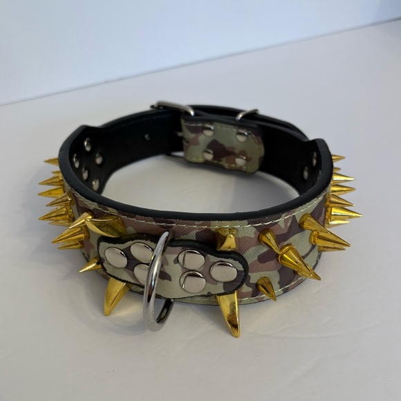 Cosplay Thick Dog Collar Camo Studded Spiked Gold Silver D-Ring Adjustable New - Picture 1 of 11